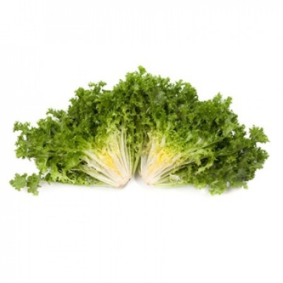 Alface crespa fresca cortada ao meio em fundo branco