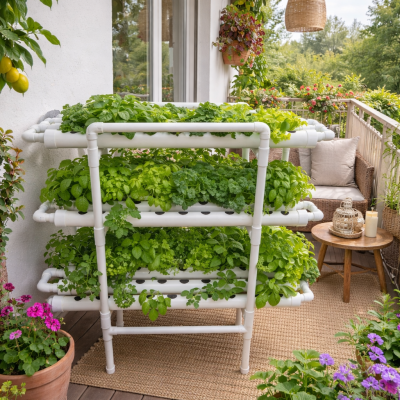 Sistema hidropónico con plantas verdes en balcón decorado con flores y muebles de mimbre