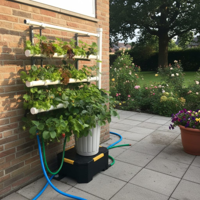 Sistema de cultivo hidropónico vertical con plantas y tubos blancos junto a pared de ladrillo en patio