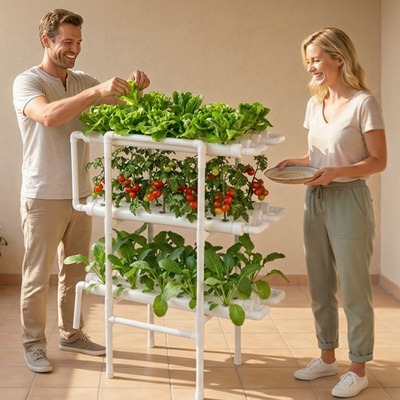 Sistema de cultivo hidropónico con plantas verdes y tomates en tubos blancos, dos personas cuidando.