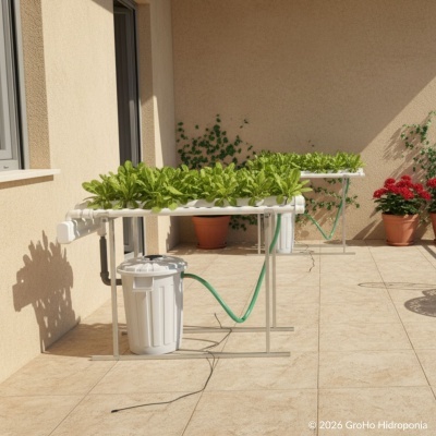 Sistema de cultivo hidropónico con plantas verdes en tuberías blancas en un patio con baldosas beige y pared crema.