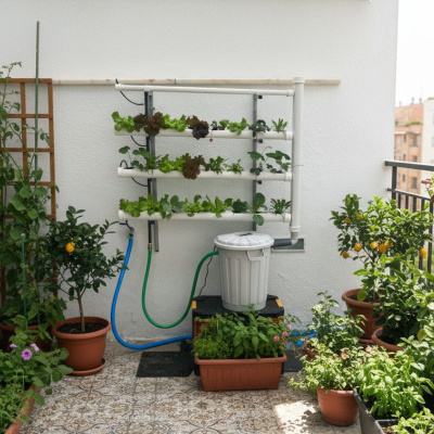 Plantas en macetas y sistema hidropónico en un balcón con barandilla y edificios al fondo