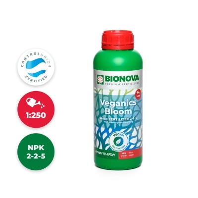 Frasco verde de fertilizante Bionova Veganics Bloom com detalhes em vermelho e branco