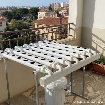 Sistema hidropónico de tubos blancos con orificios negros en balcón urbano