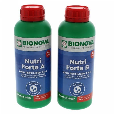 Dois frascos verdes de fertilizante BIONOVA Nutri Forte A e B com tampa vermelha e rótulo azul