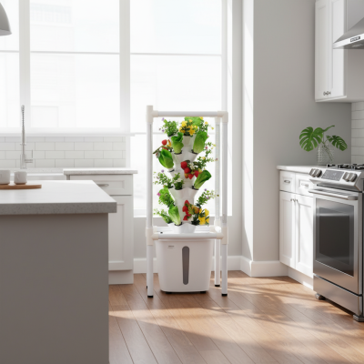 Jardín vertical interior con verduras y flores en cocina moderna