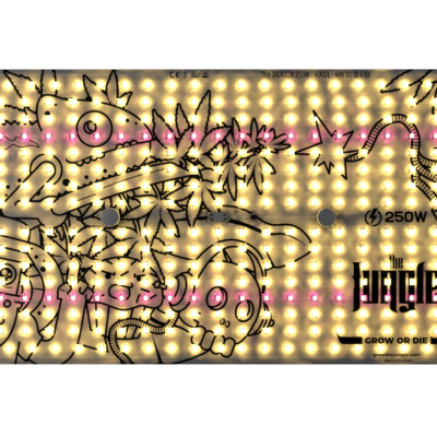 Painel iluminado com LEDs e desenhos artísticos de milho e texto '250W' e 'FREITAS'