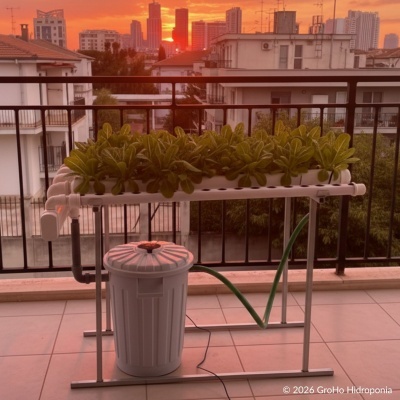 Sistema hidropónico blanco con plantas verdes en balcón y ciudad al atardecer