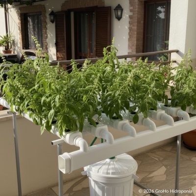 Sistema hidropónico blanco con plantas verdes en balcón con ventanas y paredes claras