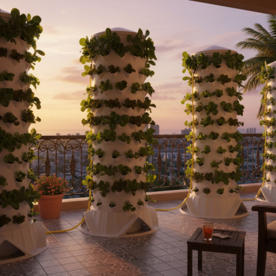 Torres verticales de cultivo con plantas verdes en un balcón con silla y mesa al atardecer