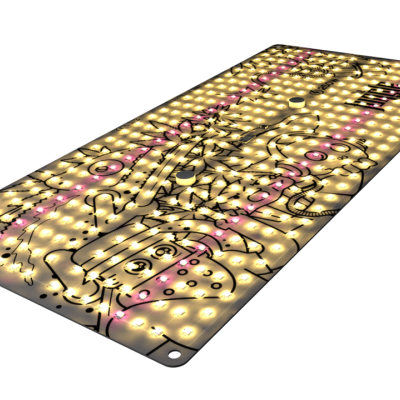 Painel eletrónico com LEDs amarelos e rosas em padrão sobre fundo metálico