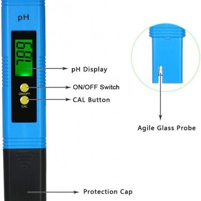 Medidor de pH azul com ecrã digital e tampa de proteção preta.