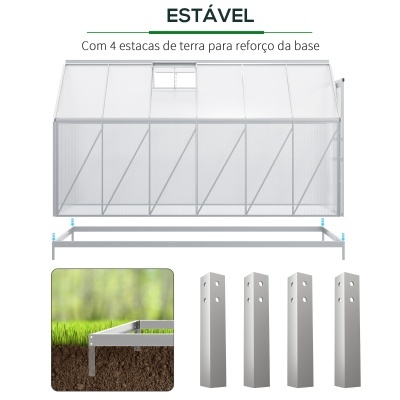 Estufa metálica branca com painéis transparentes e quatro estacas de terra para reforço da base