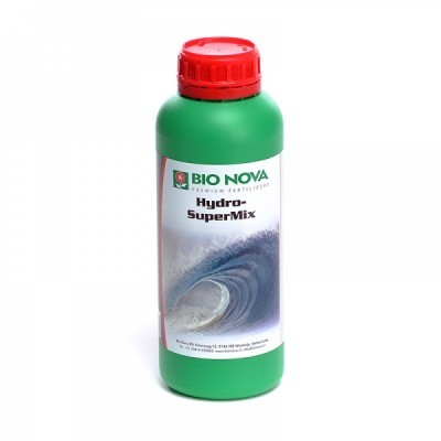 Frasco verde com tampa vermelha de fertilizante Hydro-SuperMix BIO NOVA