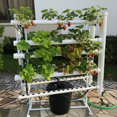 Sistema de cultivo hidropónico vertical con fresas y lechuga en tubos blancos y recipiente negro en exterior