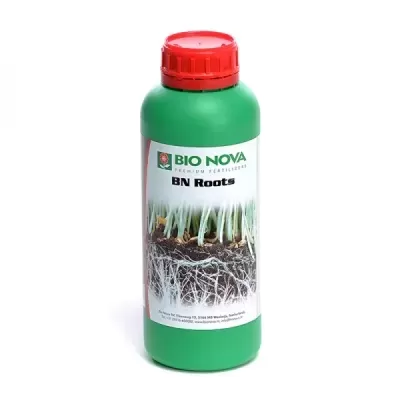 Frasco verde com tampa vermelha de fertilizante BIO NOVA BN Roots