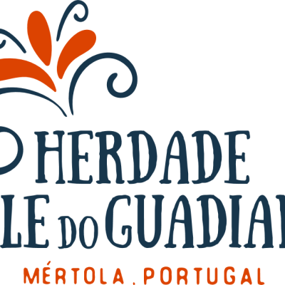 Logotipo Herdade Vale do Guadiana com texto e elemento floral
