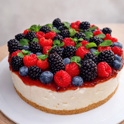 Bolo cheesecake decorado com frutos vermelhos e folhas de hortelã num prato branco