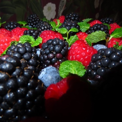 Frutas variadas: amoras pretas, framboesas vermelhas e mirtilos azuis com hortelã