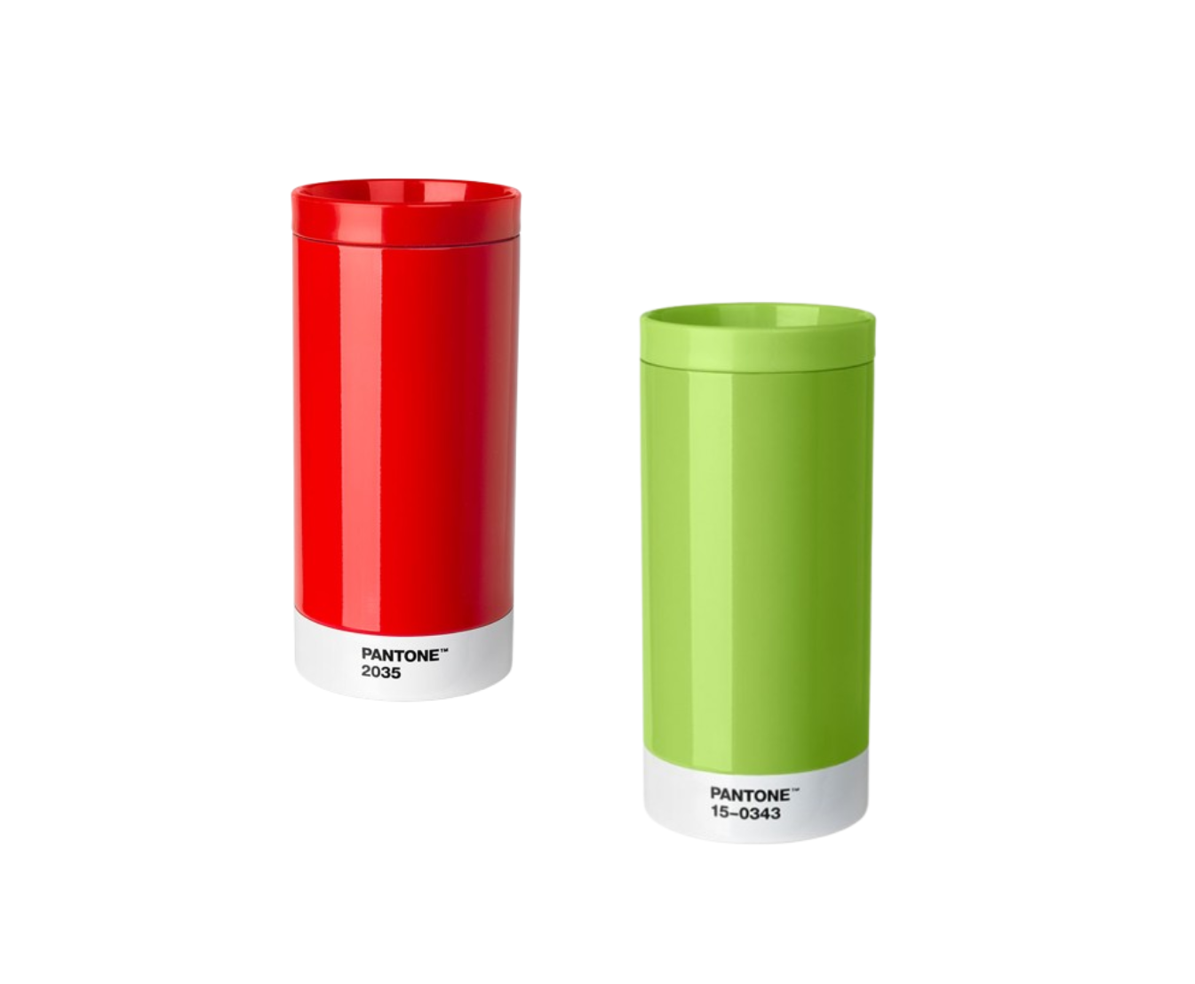 PANTONE TO GO CUP Dois frascos cilíndricos vermelhos e verdes com códigos Pantone na base