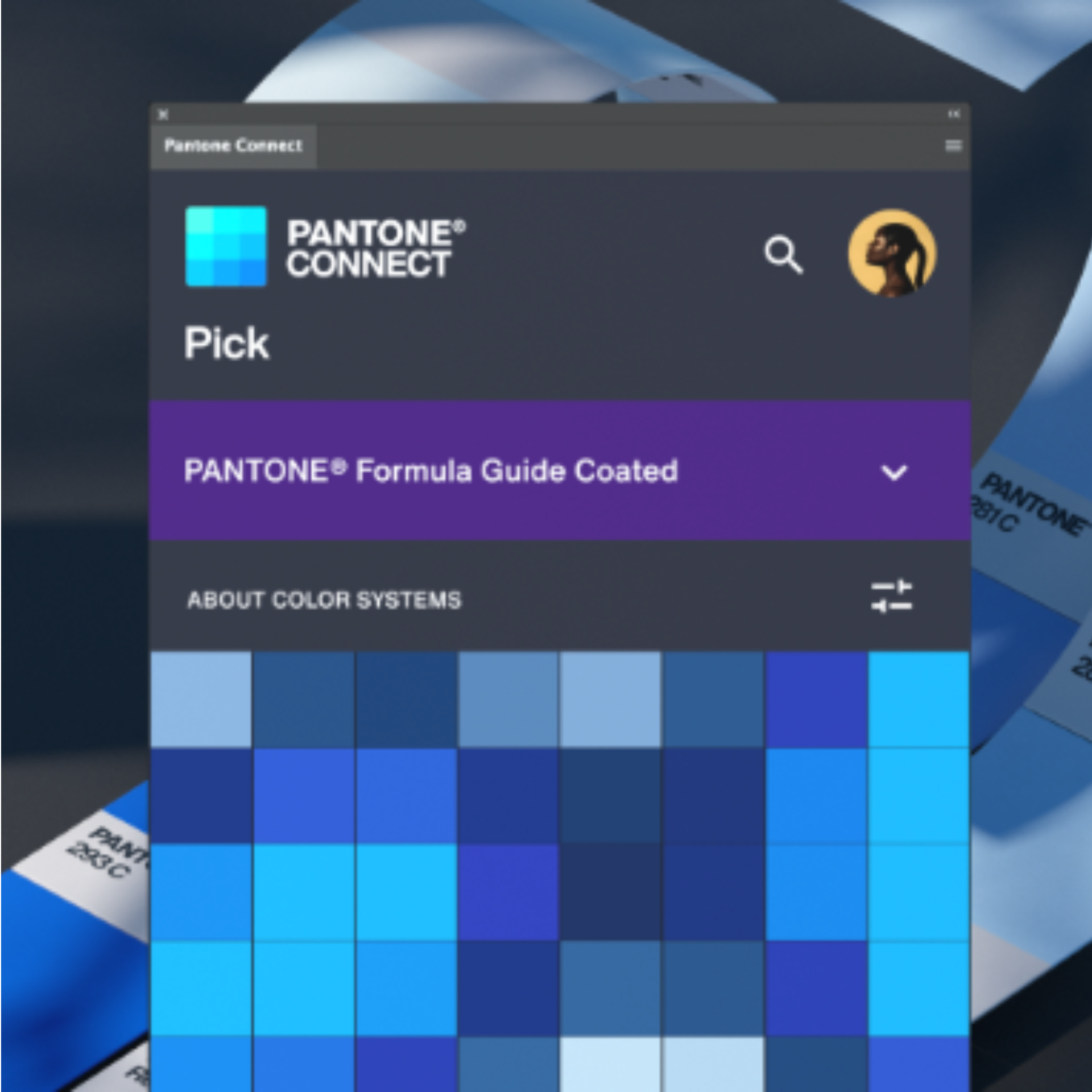 PANTONE Connect Interface da aplicação Pantone Connect com guia de cores azuis