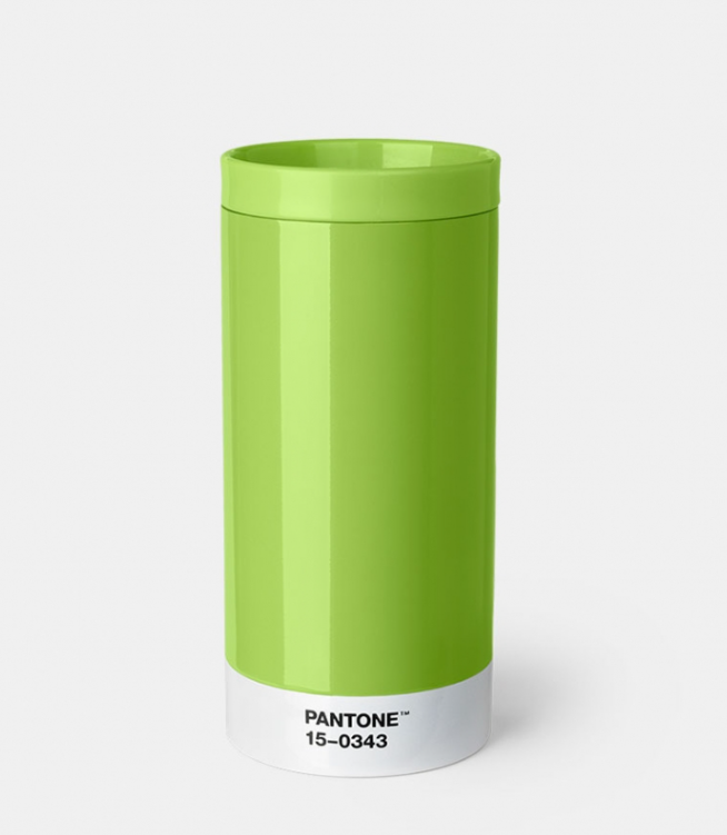 PANTONE TO GO CUP Frasco cilíndrico verde com base branca e texto Pantone