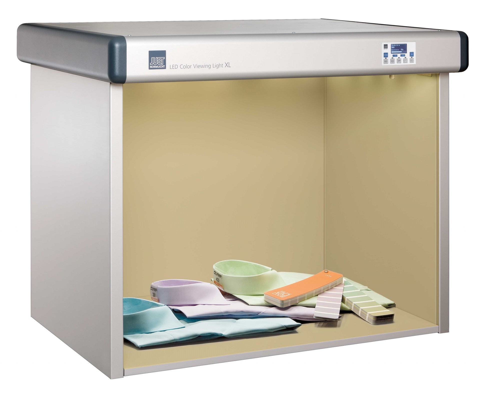 JUST - LED Color Viewing Light Cabine de luz branca para visualização de cores com tecidos e paleta de cores no interior