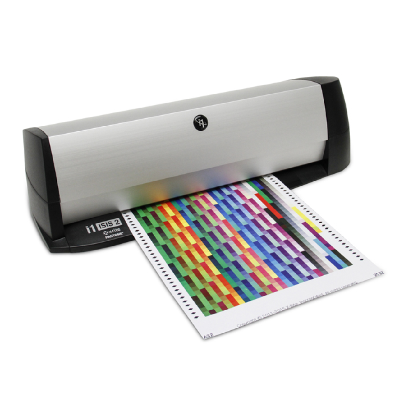 X-Rite iSis2 Impressora plana cinza metálico e preto imprimindo folha colorida com padrão em blocos