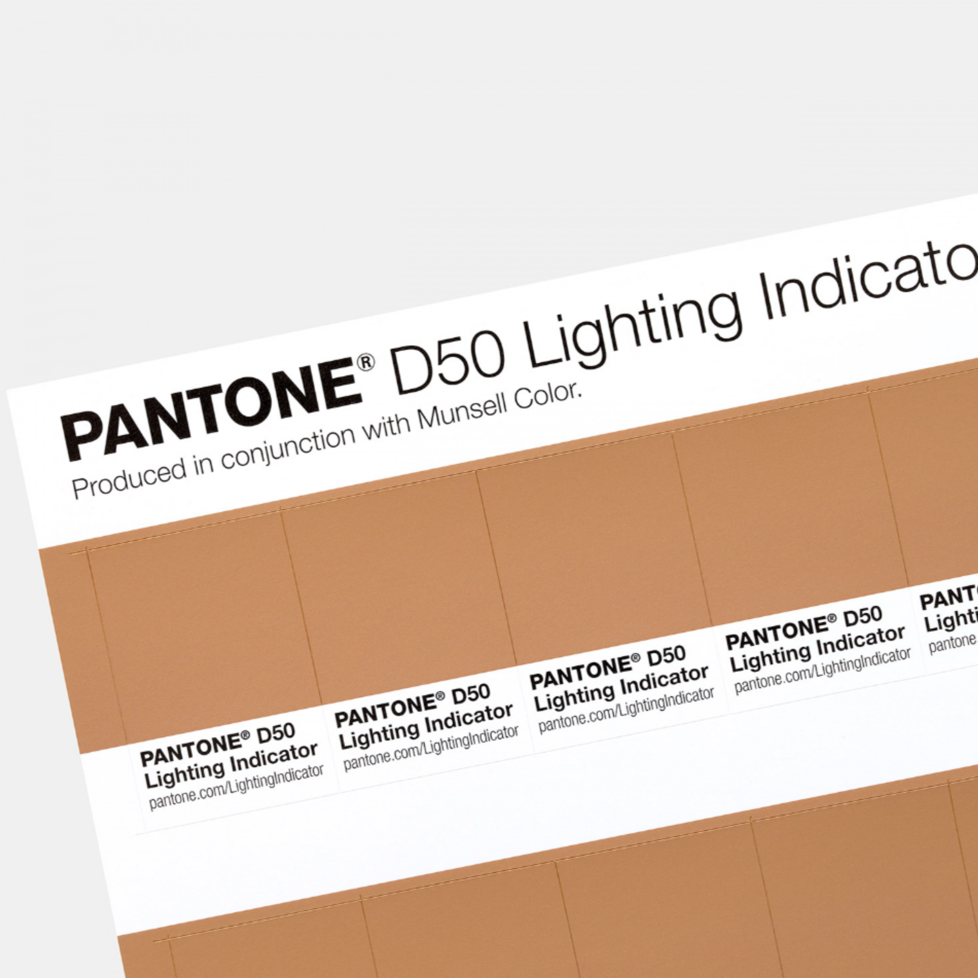 D50 Lighting Indicator Stickers Carta Pantone D50 Lighting Indicator em tons castanhos claros com texto informativo