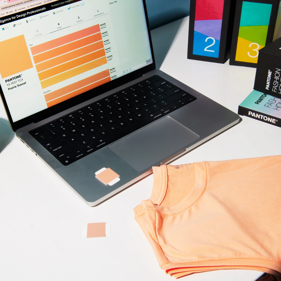 Fashion, Home + Interiors Cotton Chip Set + Dualities Expansion Pack Computador portátil com gráfico de cores, camisola cor de pêssego e quadros coloridos com números