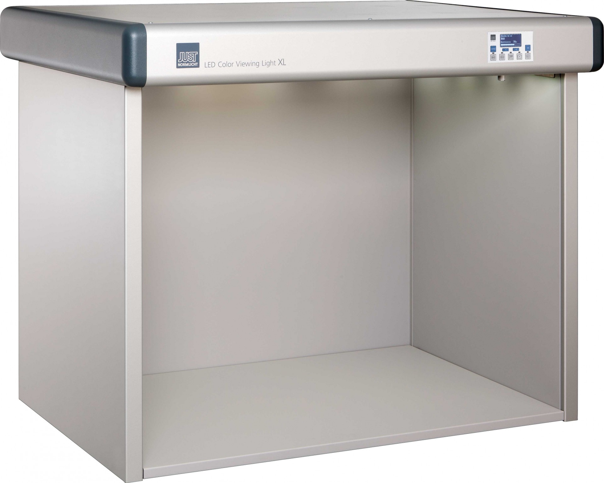 JUST - LED Color Viewing Light Cabine de visualização de cor LED cinza com painel digital.