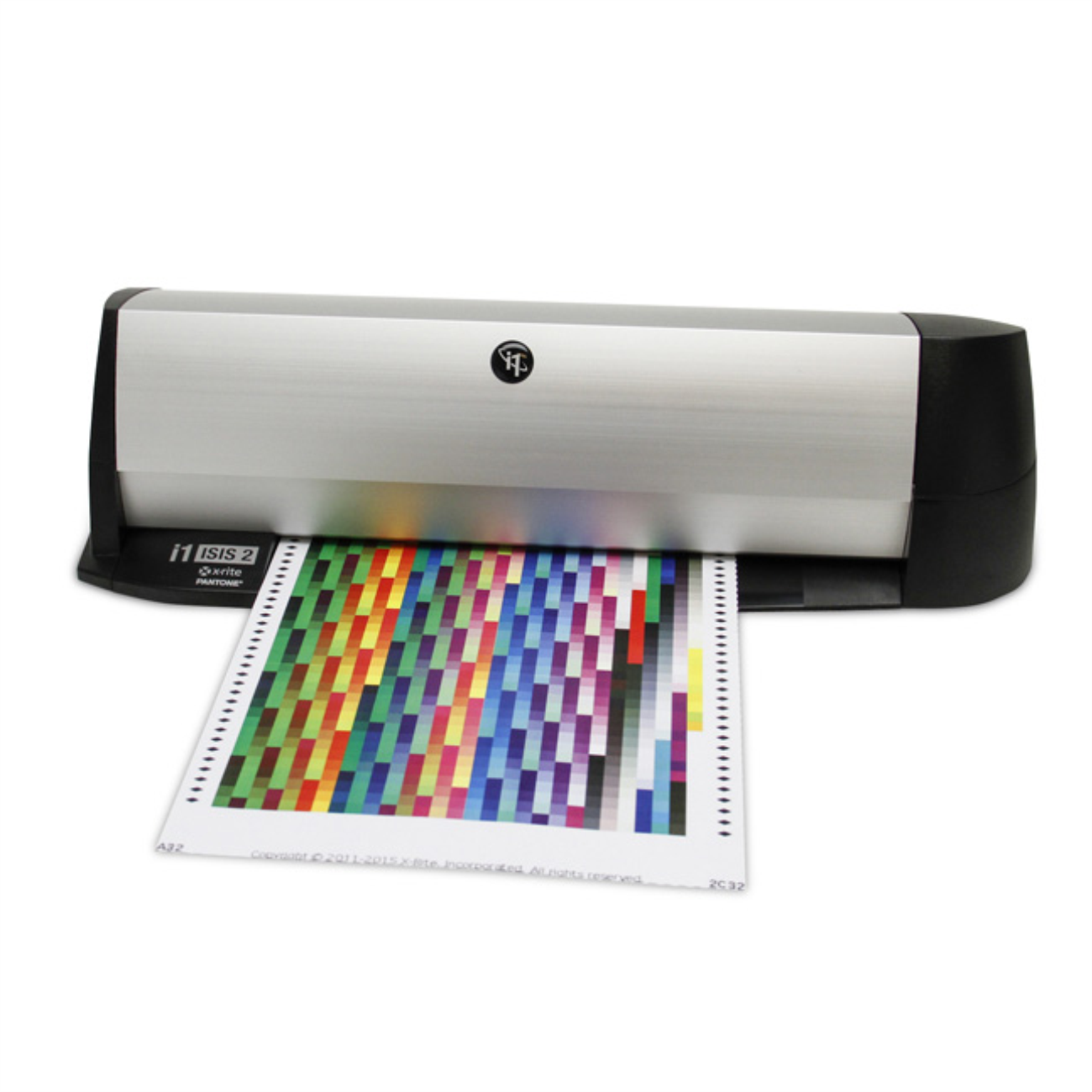 X-Rite iSis2 Impressora portátil prateada e preta com folha colorida saída