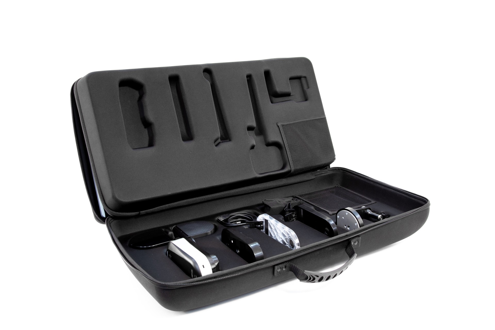 i1 Publish Pro 3 Plus Estojo preto aberto com dispositivos eletrônicos pequenos no interior