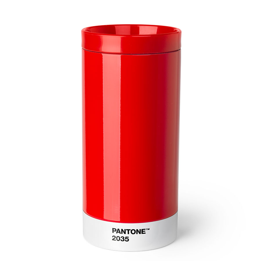 PANTONE TO GO CUP Frasco cilíndrico vermelho com base branca e texto PANTONE 2035