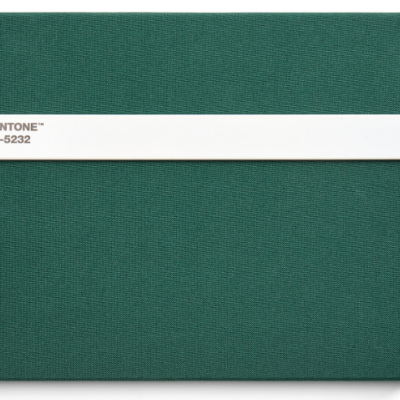 Amostra Pantone têxtil verde escuro com etiqueta branca