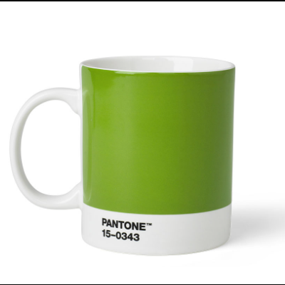 Caneca branca e verde PANTONE 15-0343 com texto impresso na base