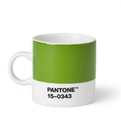 Caneca de cerâmica verde e branca com texto PANTONE™ 15-0343