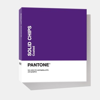 Caixa de papel PANTONE SOLID CHIPS Coated com design branco e roxo