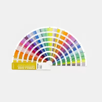 Guia de cores Pantone em leque com múltiplas cores e textos em branco e amarelo
