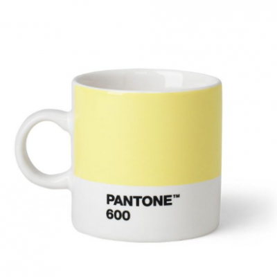 Caneca cerâmica amarela e branca com texto PANTONE™ 600