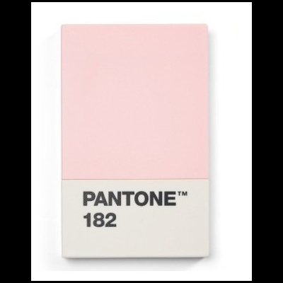 Bloco de notas rosa com base branca e texto Pantone 182