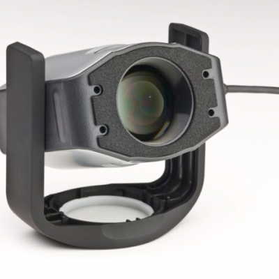 Câmara de vigilância cinza com lente e suporte preto