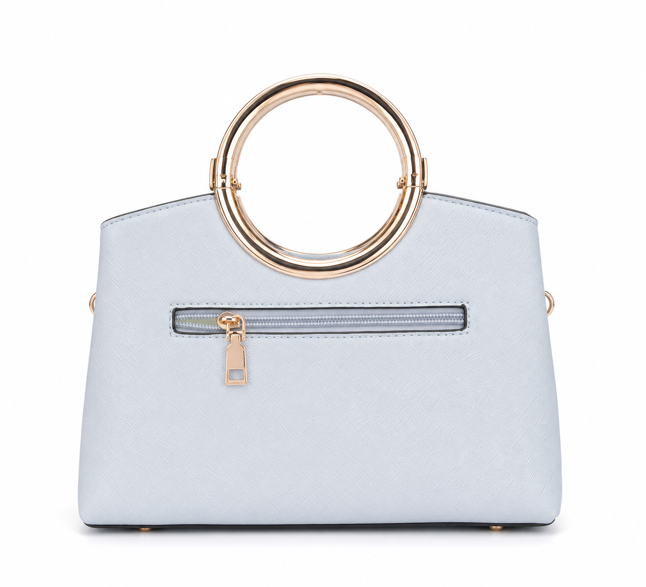 Bolsa Elegance Circle Mala de mão azul claro com alça redonda dourada e fecho de zíper