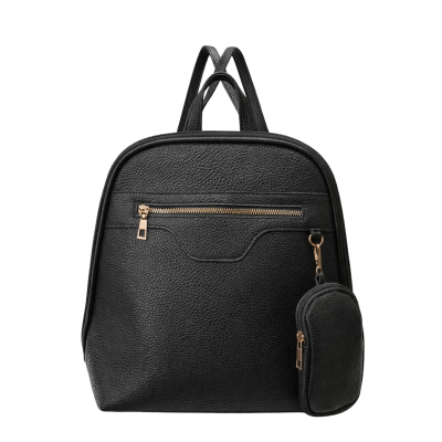 Mochila preta textura granulada com fecho dourado e porta-moedas