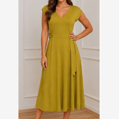 Vestido midi verde-oliva com cinto e decote em V em ambiente interior