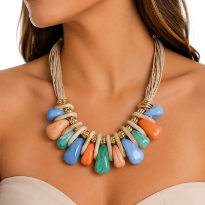 Colar multicolorido com gotas e anéis usados num pescoço feminino