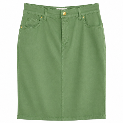 Saia verde com bolsos e botão dourado, fundo branco
