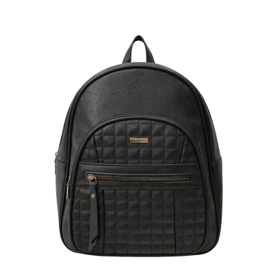 Mochila preta com padrão acolchoado e zíper dourado na frente