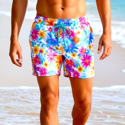 Calções de banho masculinos floridos e coloridos com cordão azul na praia