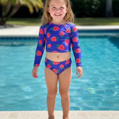 Fato de banho azul com padrão de morangos vermelhos para criança